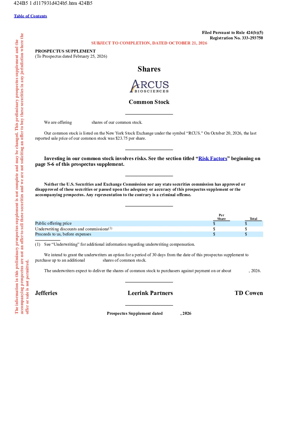 Arcus Biosciences Inc美股招股说明书(2026-10-21版)