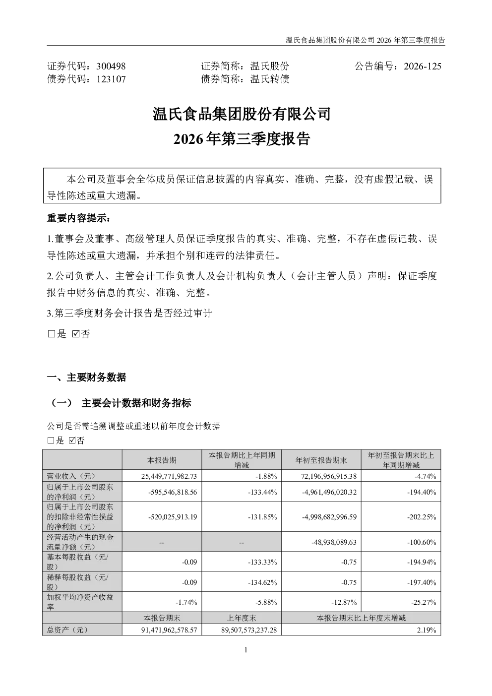 温氏股份：2026年第三季度报告