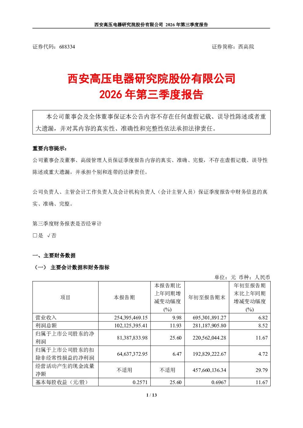 西高院：2026年第三季度报告