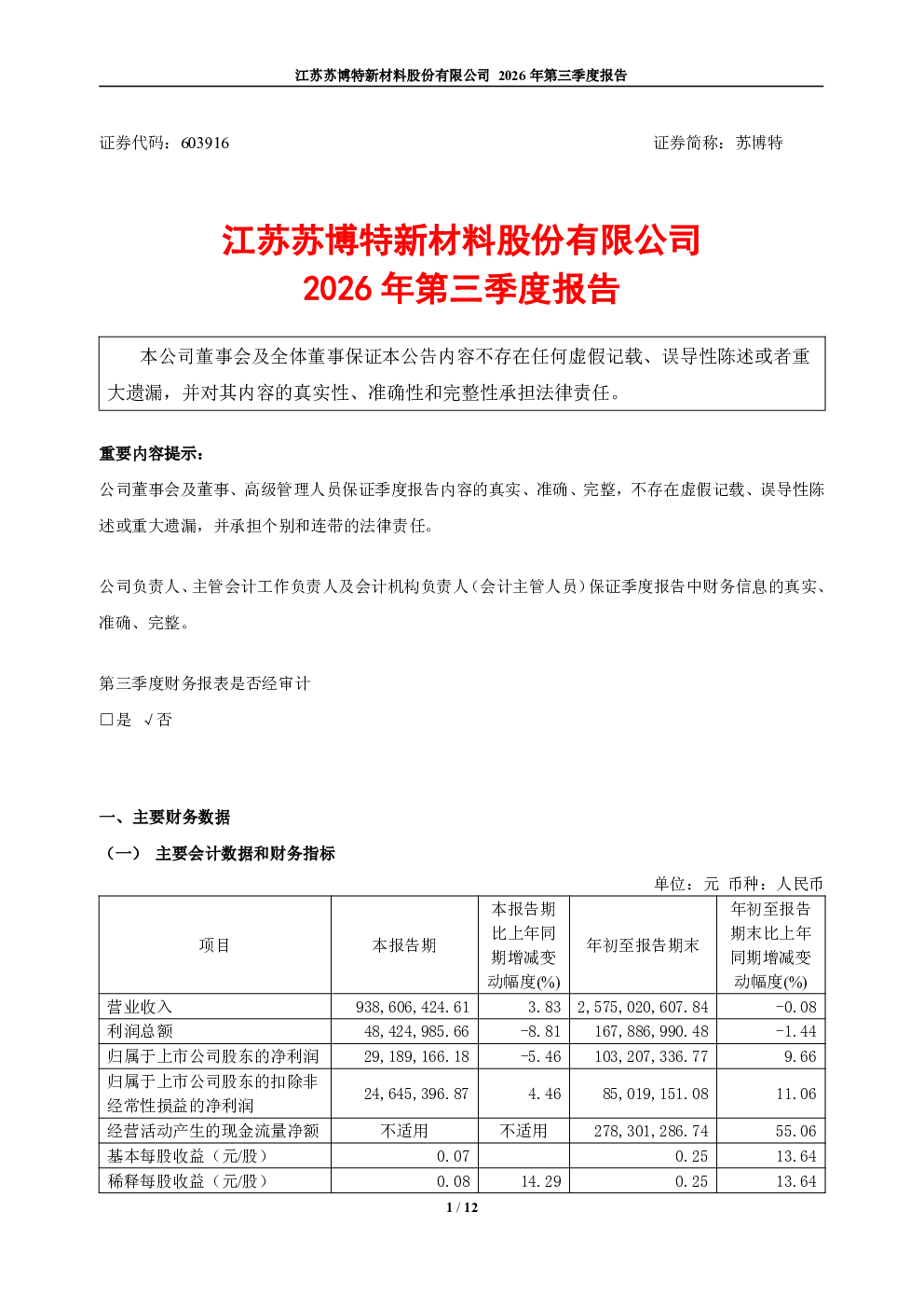 苏博特：2026年第三季度报告