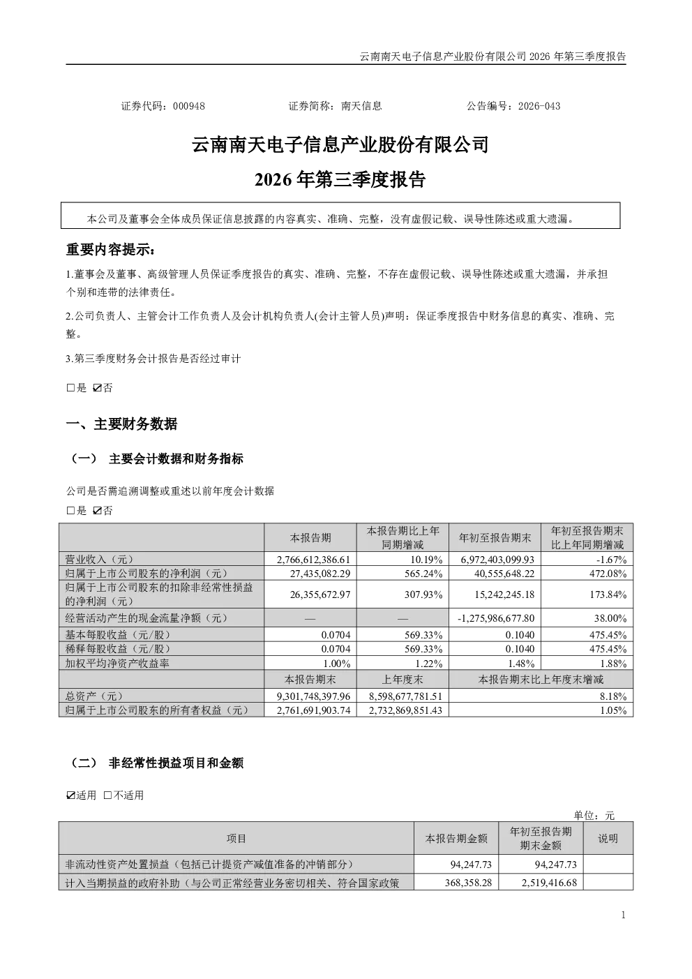 南天信息：2026年第三季度报告