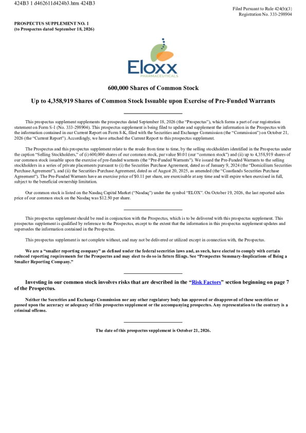 
Eloxx Pharmaceuticals Inc. 美股招股说明书（2026-10-22版）