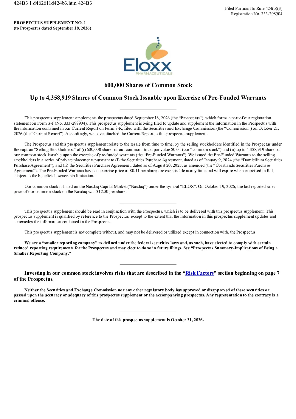 
Eloxx Pharmaceuticals Inc. 美股招股说明书（2026-10-22版）