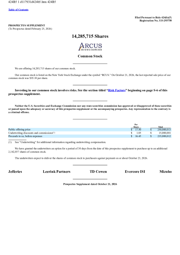 Arcus Biosciences Inc美股招股说明书(2026-10-22版)