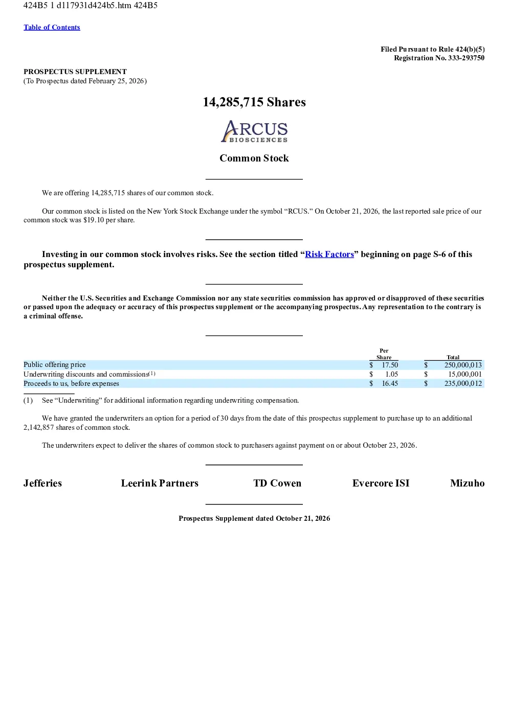 Arcus Biosciences Inc美股招股说明书(2026-10-22版)