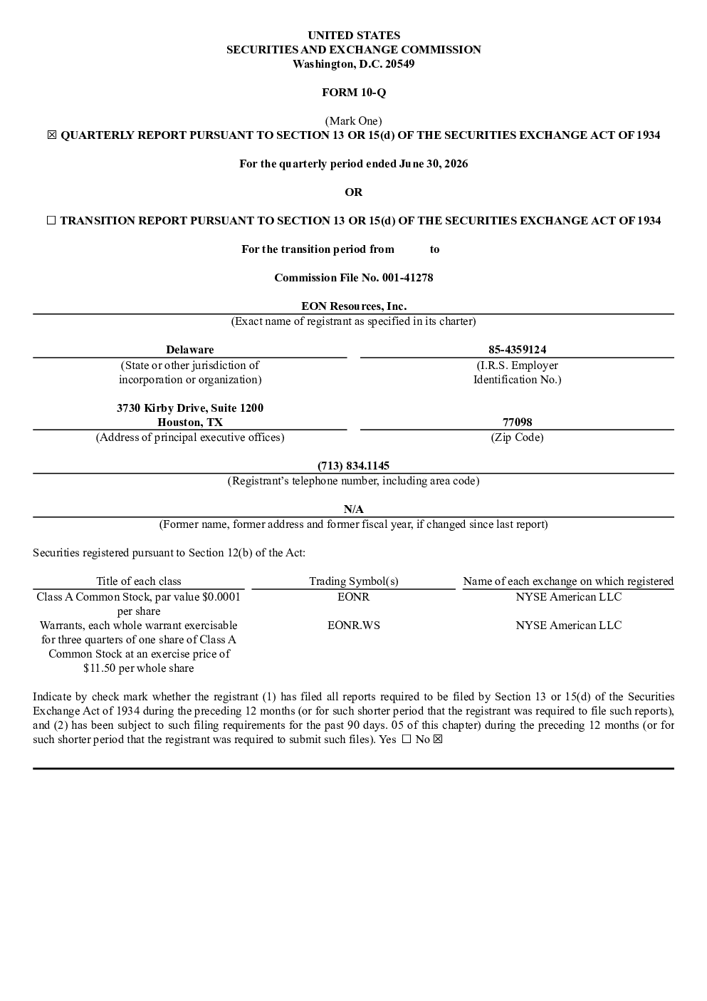 
EON Resources Inc-A 2026年季度报告