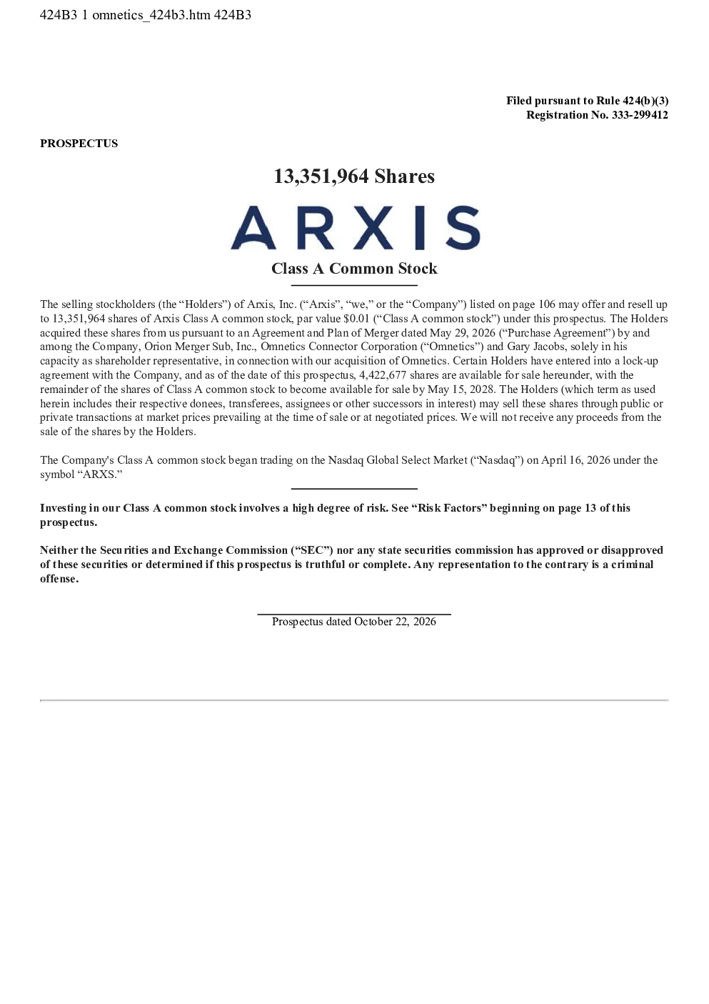 Arxis美股招股说明书(2026-10-22版)