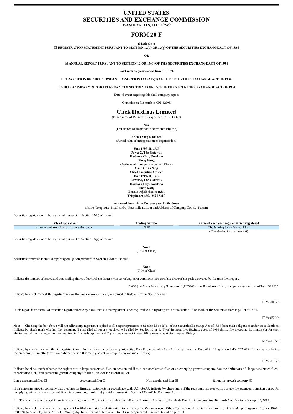 Click Holdings Ltd 2026年年度报告和过渡报告