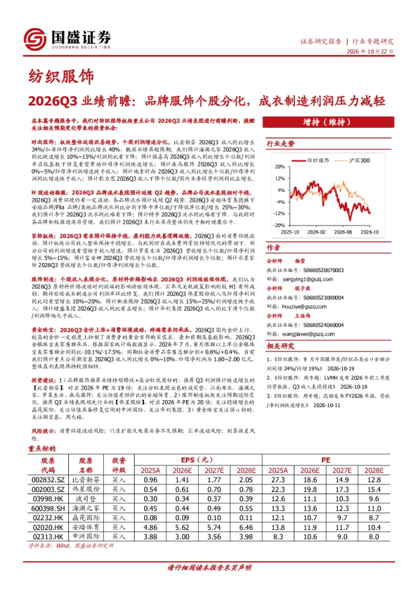 纺织服饰2026Q3业绩前瞻：品牌服饰个股分化，成衣制造利润压力减轻