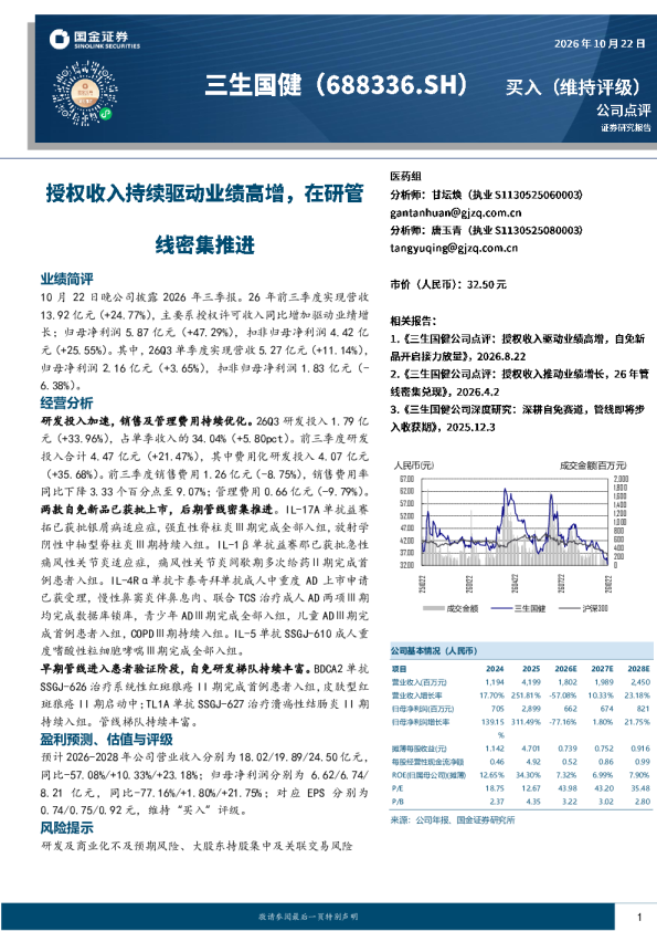 授权收入持续驱动业绩高增，在研管线密集推进