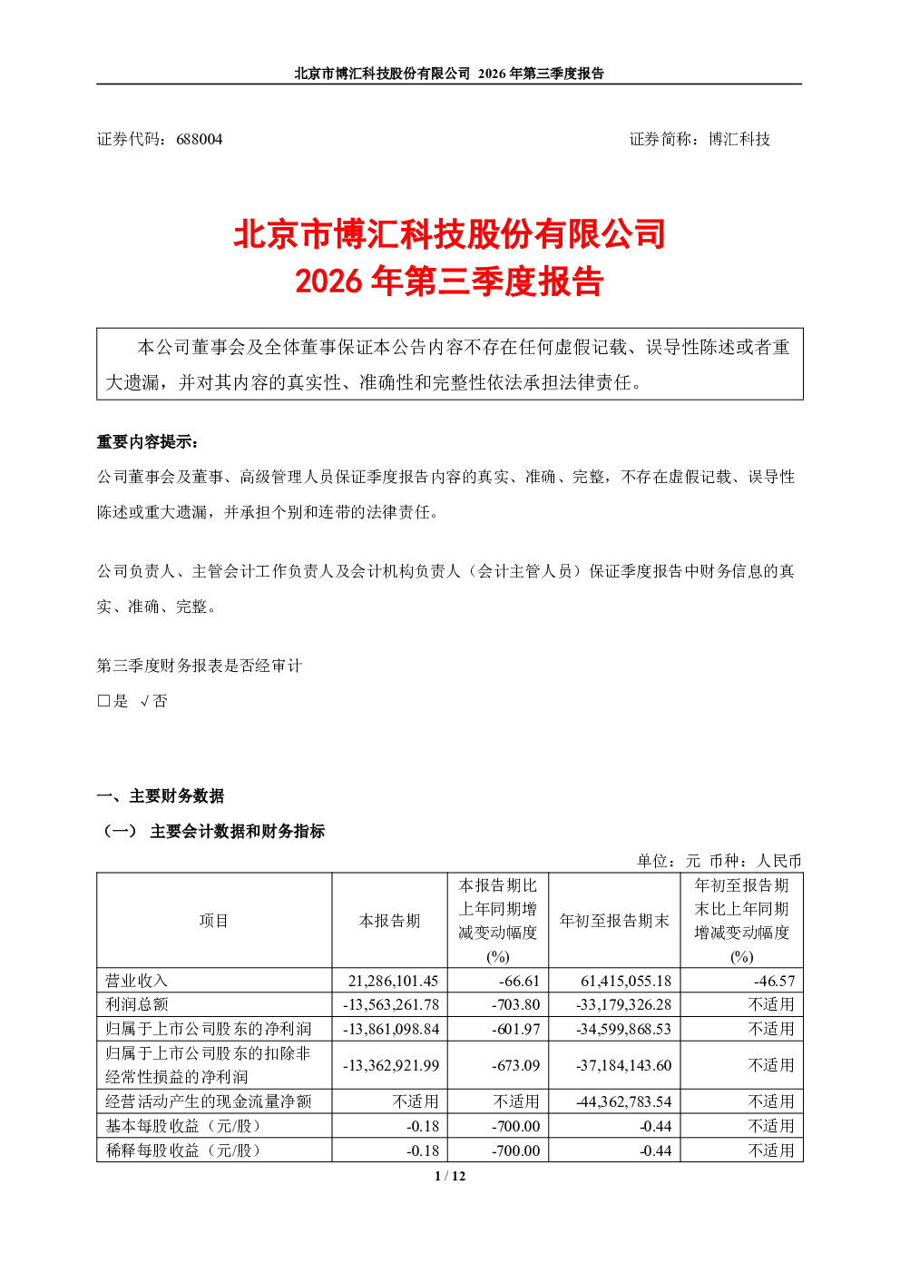 博汇科技：2026年第三季度报告