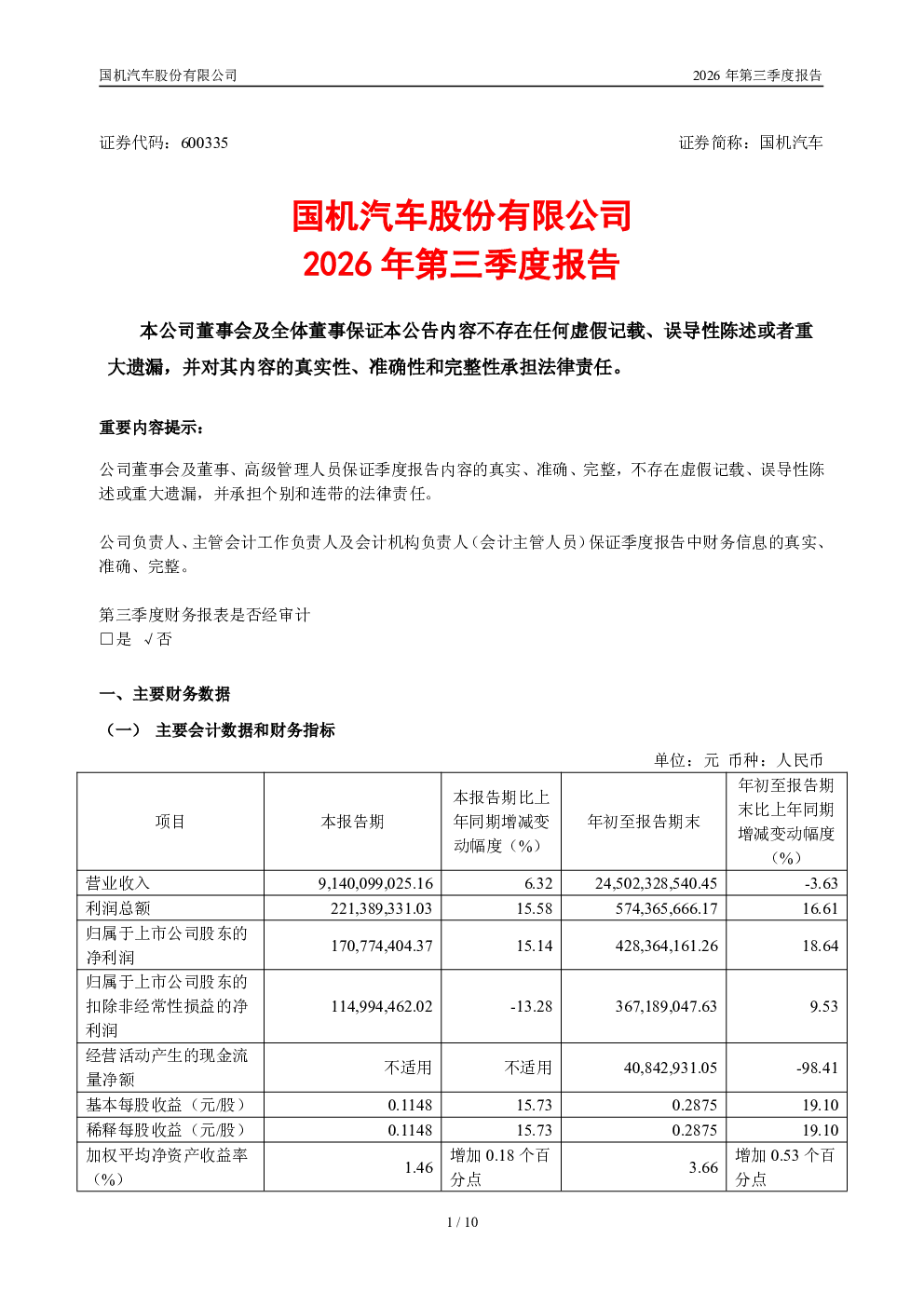 国机汽车：2026年第三季度报告