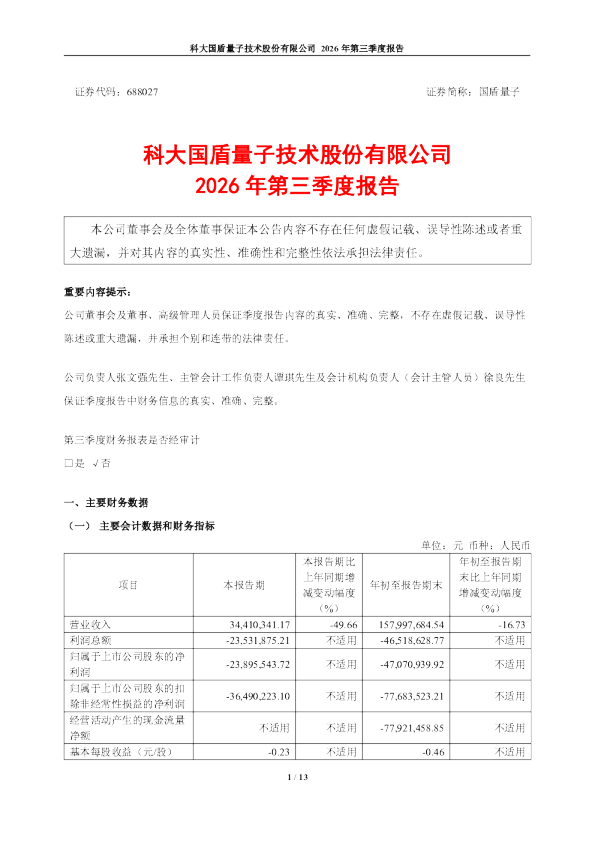 国盾量子：2026年第三季度报告