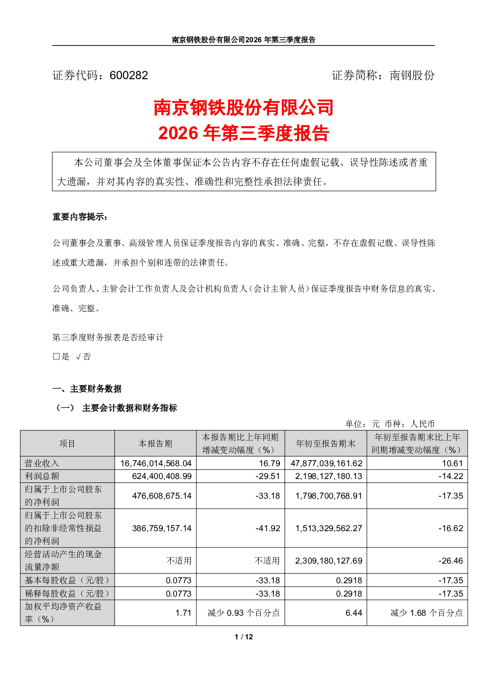 南钢股份：2026年第三季度报告