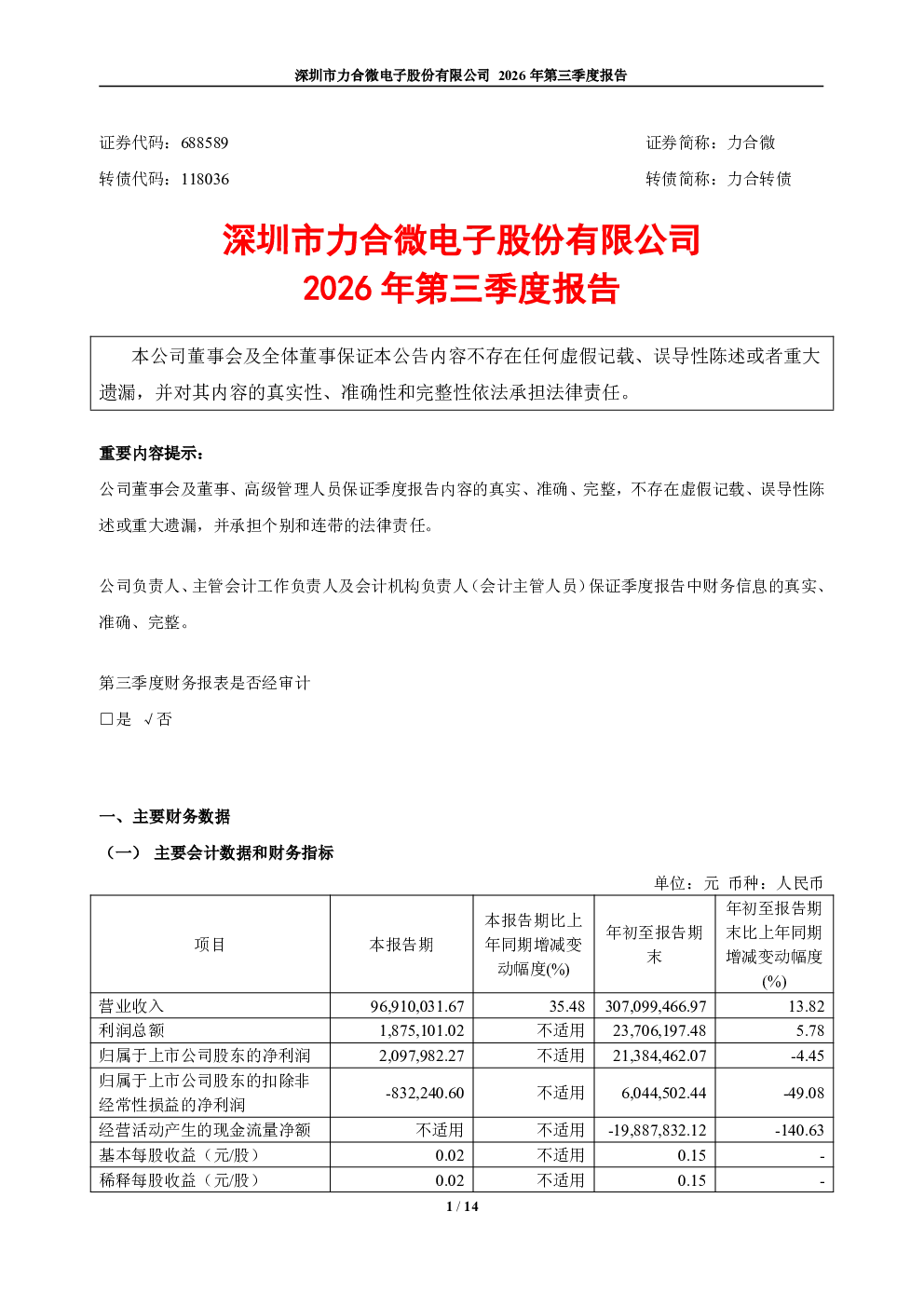 力合微：2026年第三季度报告