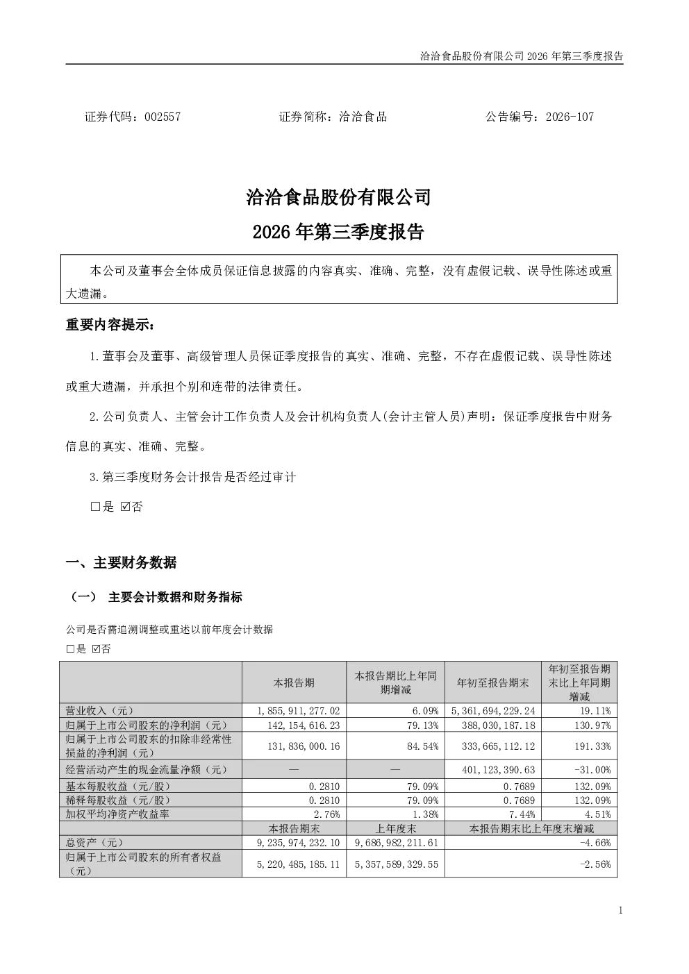 洽洽食品：2026年第三季度报告