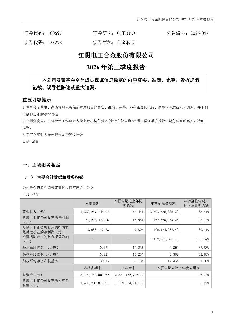 电工合金：2026年第三季度报告