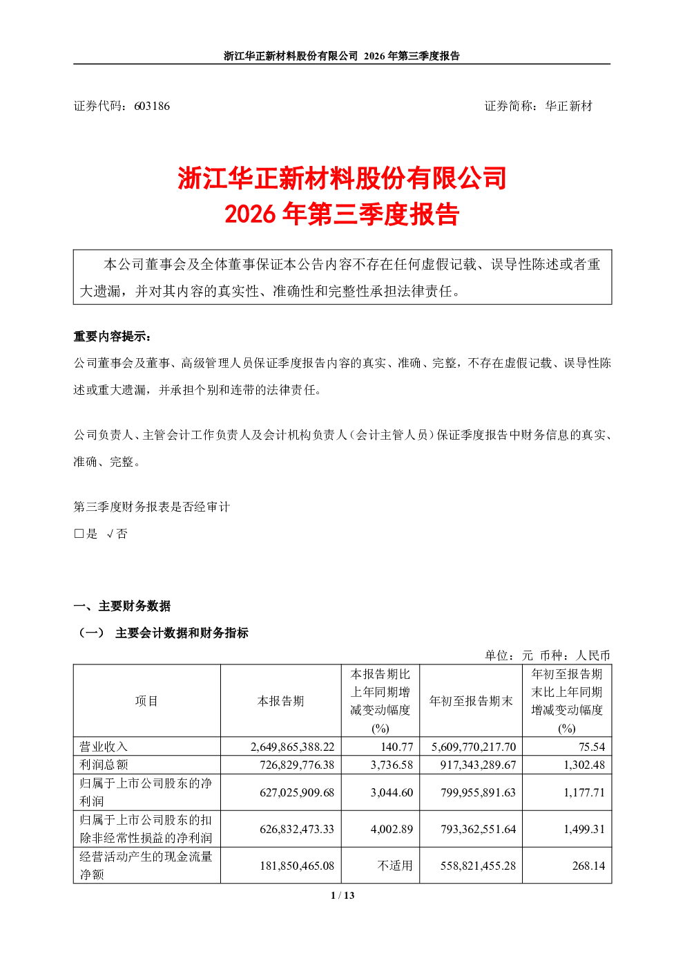 华正新材：2026年第三季度报告