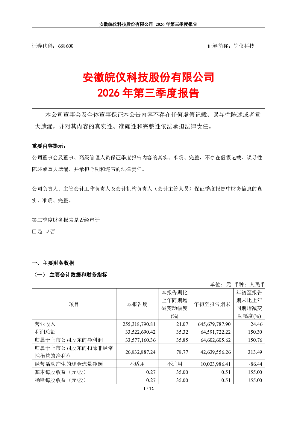 皖仪科技：2026年第三季度报告