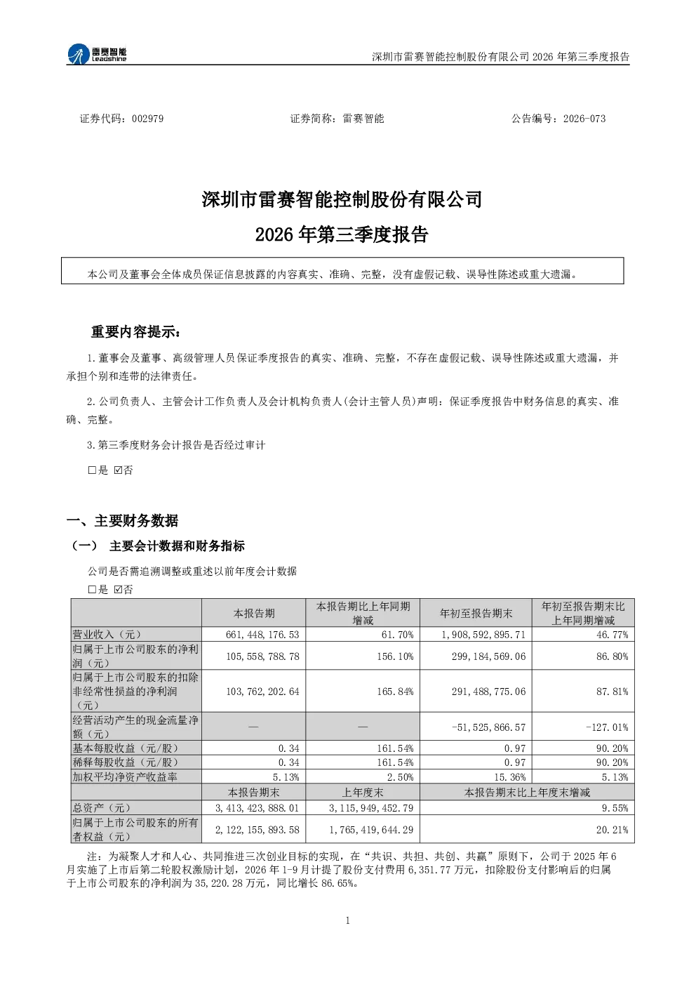 雷赛智能：2026年第三季度报告