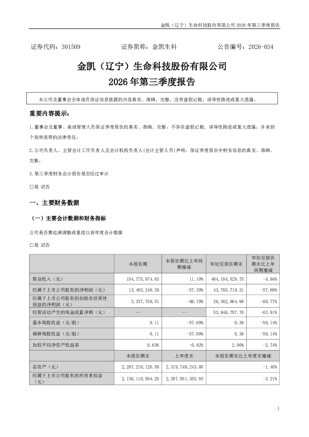 金凯生科：2026年第三季度报告