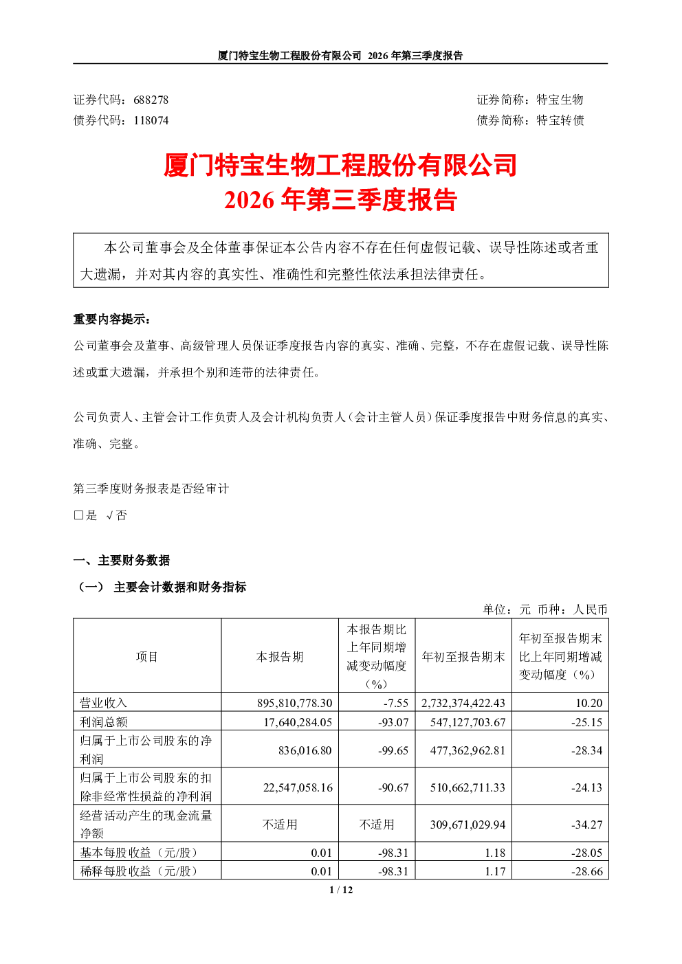 特宝生物：2026年第三季度报告