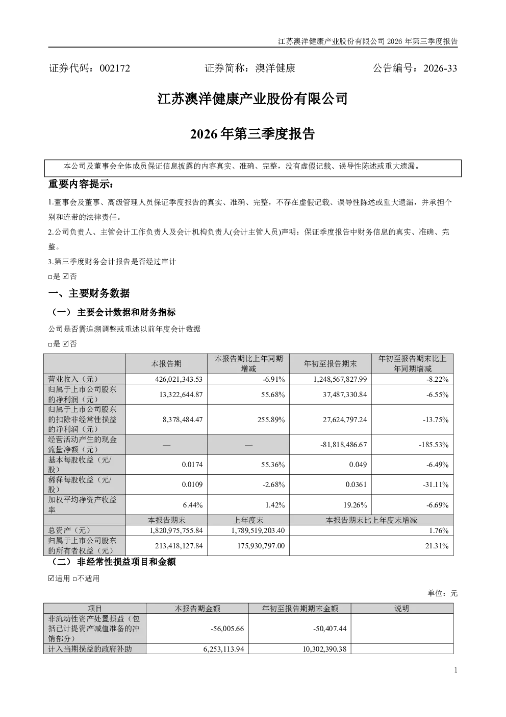 澳洋健康：2026年第三季度报告