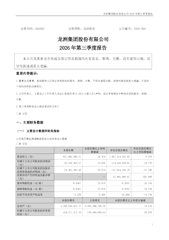 龙洲股份：2026年第三季度报告