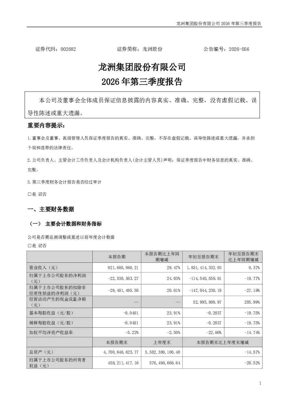 龙洲股份：2026年第三季度报告