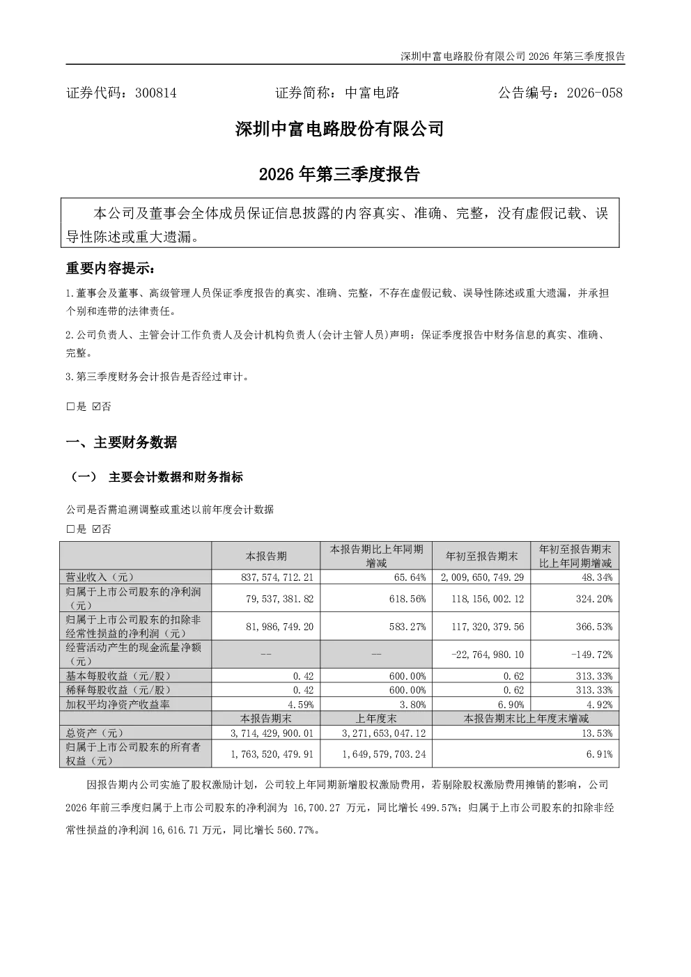 中富电路：2026年第三季度报告