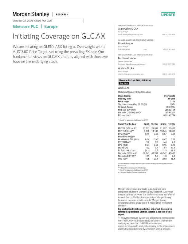 
启动对Glencore PLC在ASX上市主体GLC.AX的覆盖