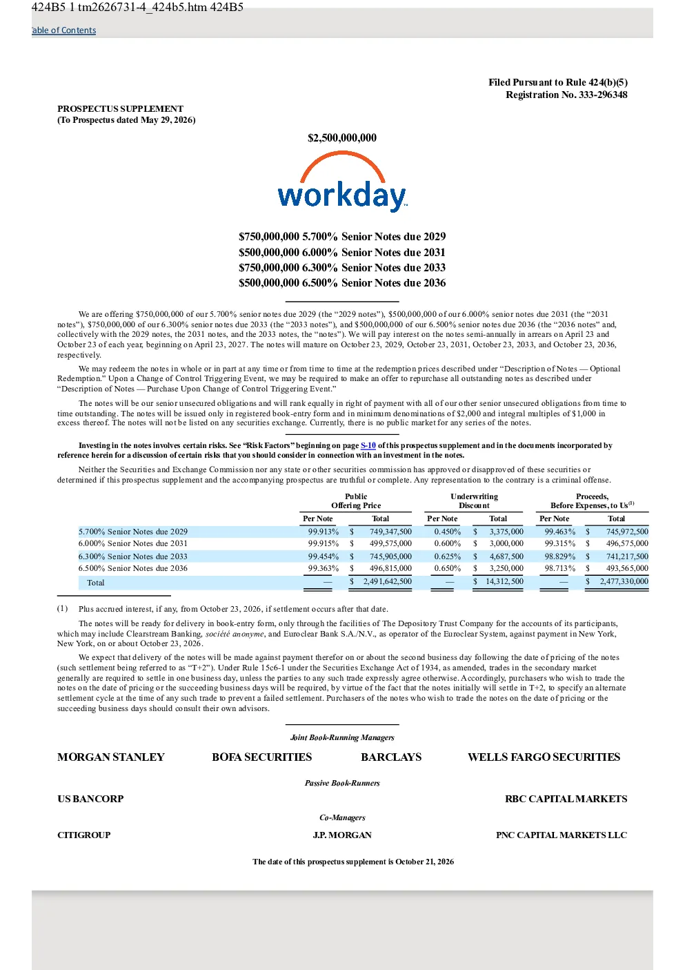 Workday美股招股说明书(2026-10-23版)