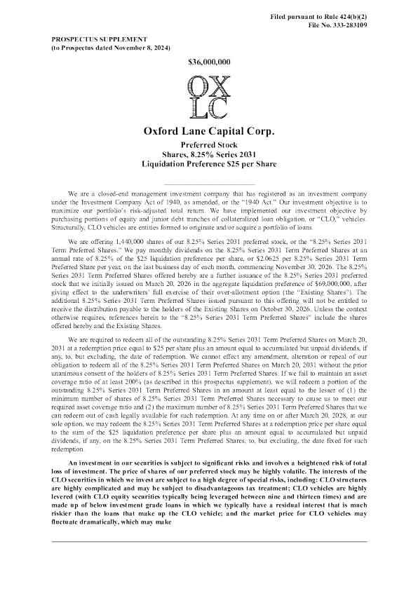 Oxford Lane Capital Corp美股招股说明书(2026-10-23版)