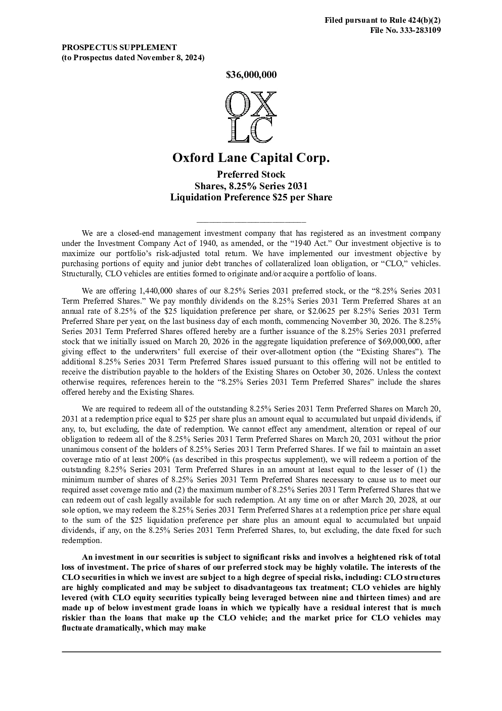 Oxford Lane Capital Corp美股招股说明书(2026-10-23版)