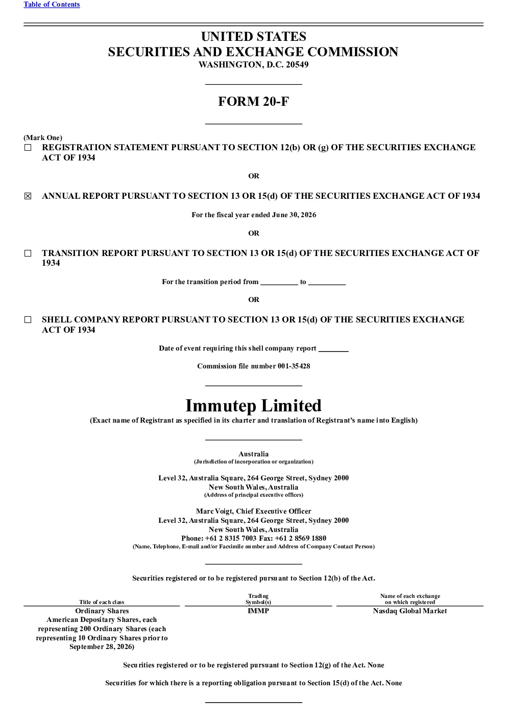 Immutep Ltd ADR 2026年年度报告和过渡报告
