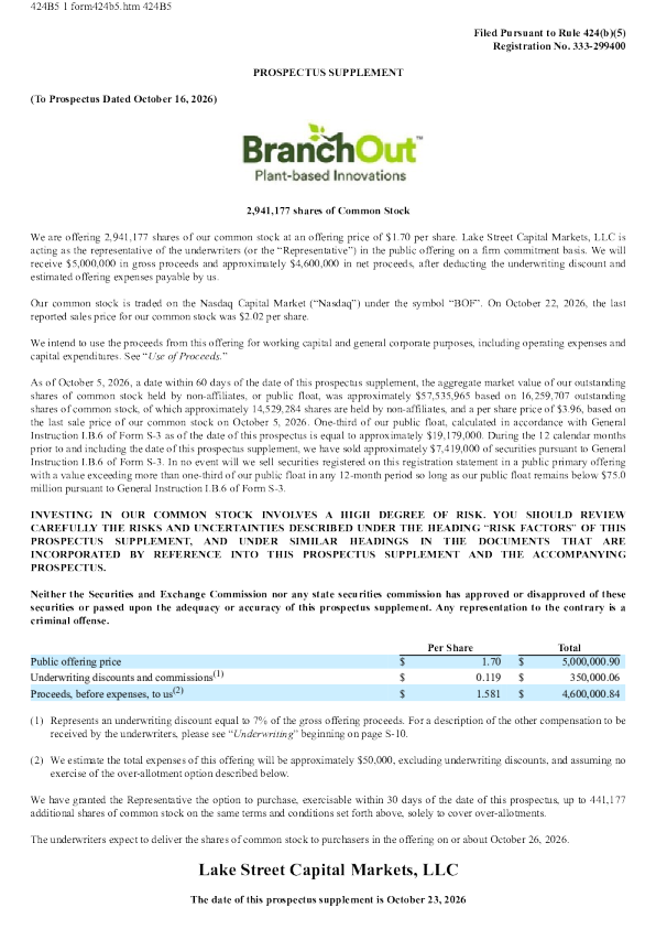 BranchOut Food Inc美股招股说明书(2026-10-23版)