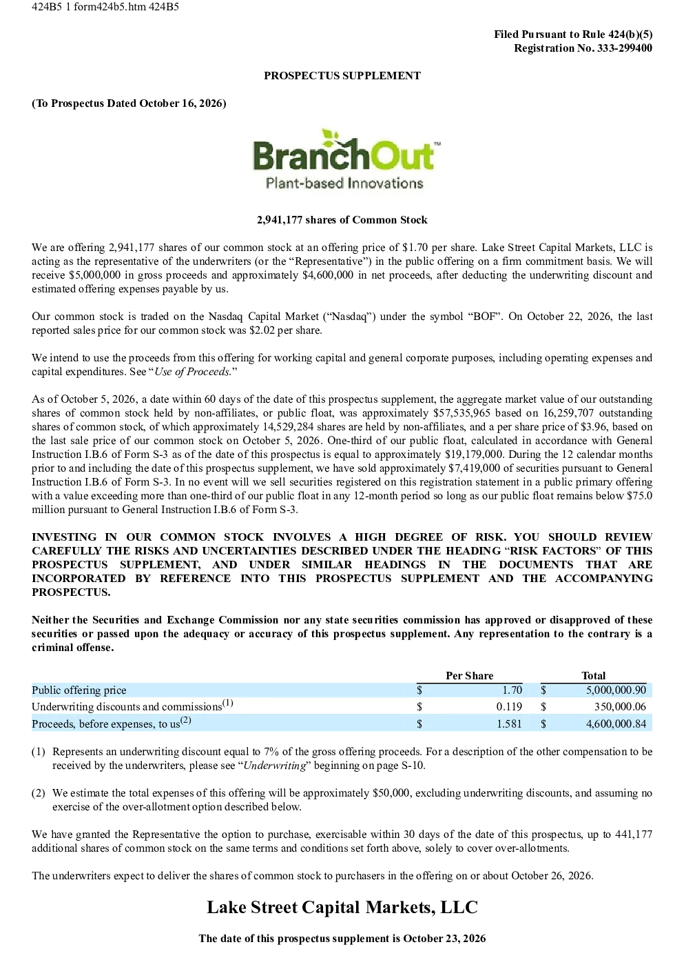 BranchOut Food Inc美股招股说明书(2026-10-23版)