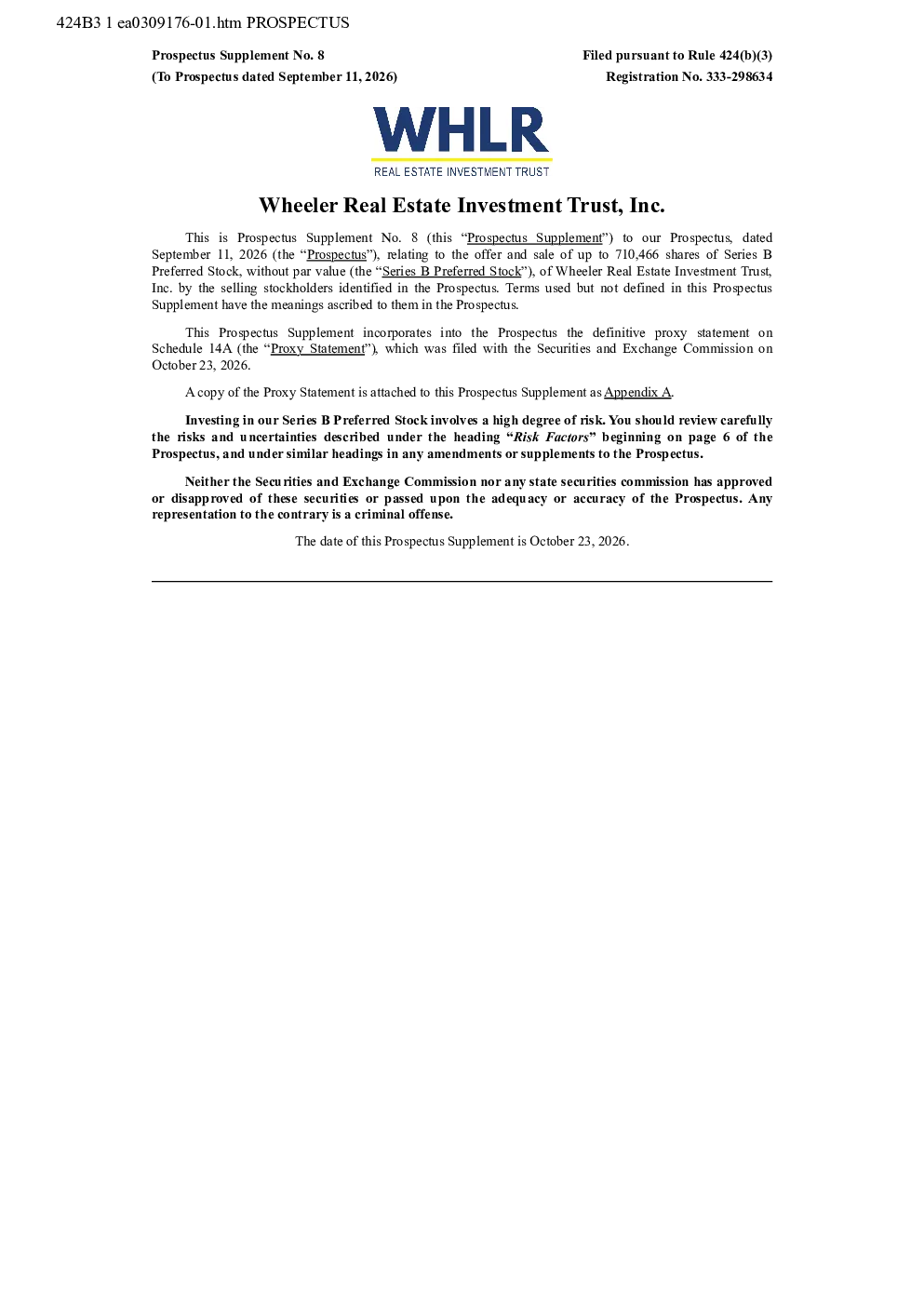 Wheeler Real Estate Investment Trust Inc美股招股说明书(2026-10-23版)