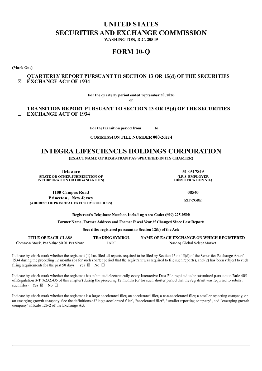 英特格拉生命科学 2026年季度报告