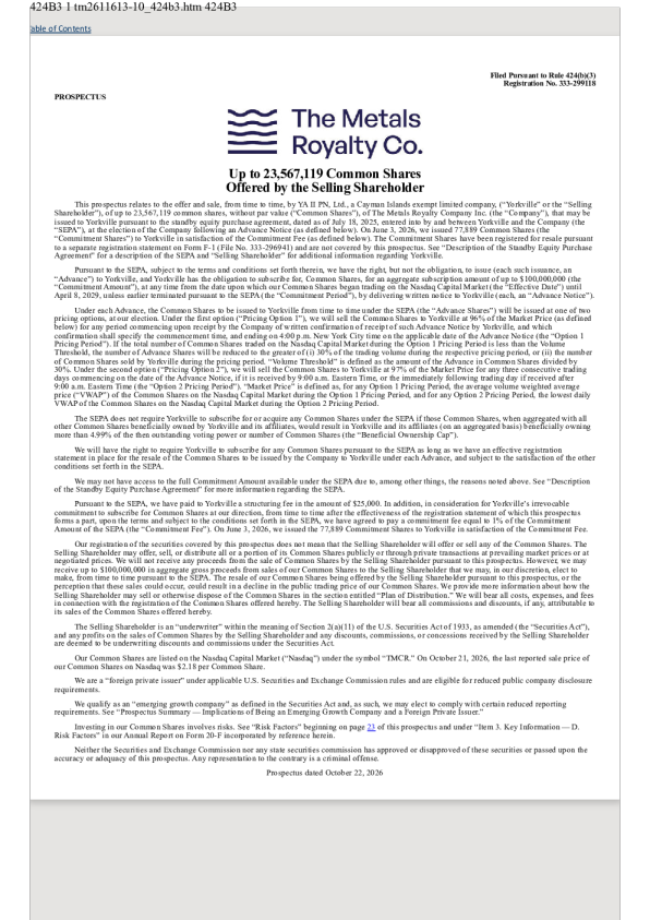 The Metals Royalty Co Inc美股招股说明书(2026-10-23版)