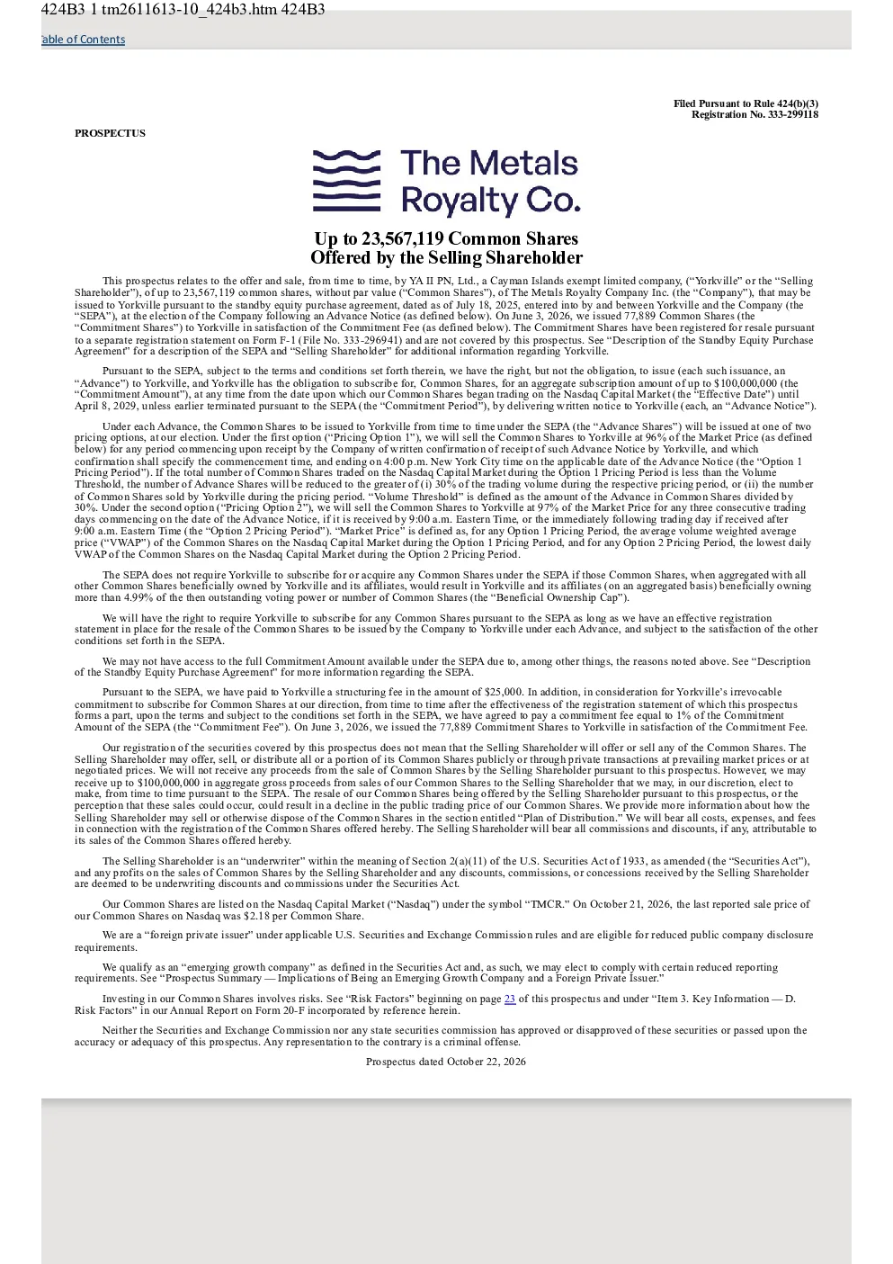 The Metals Royalty Co Inc美股招股说明书(2026-10-23版)