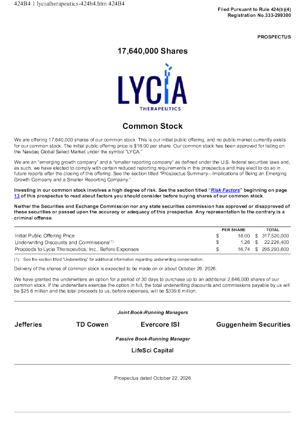 Lycia Therapeutics Inc美股招股说明书(2026-10-23版)