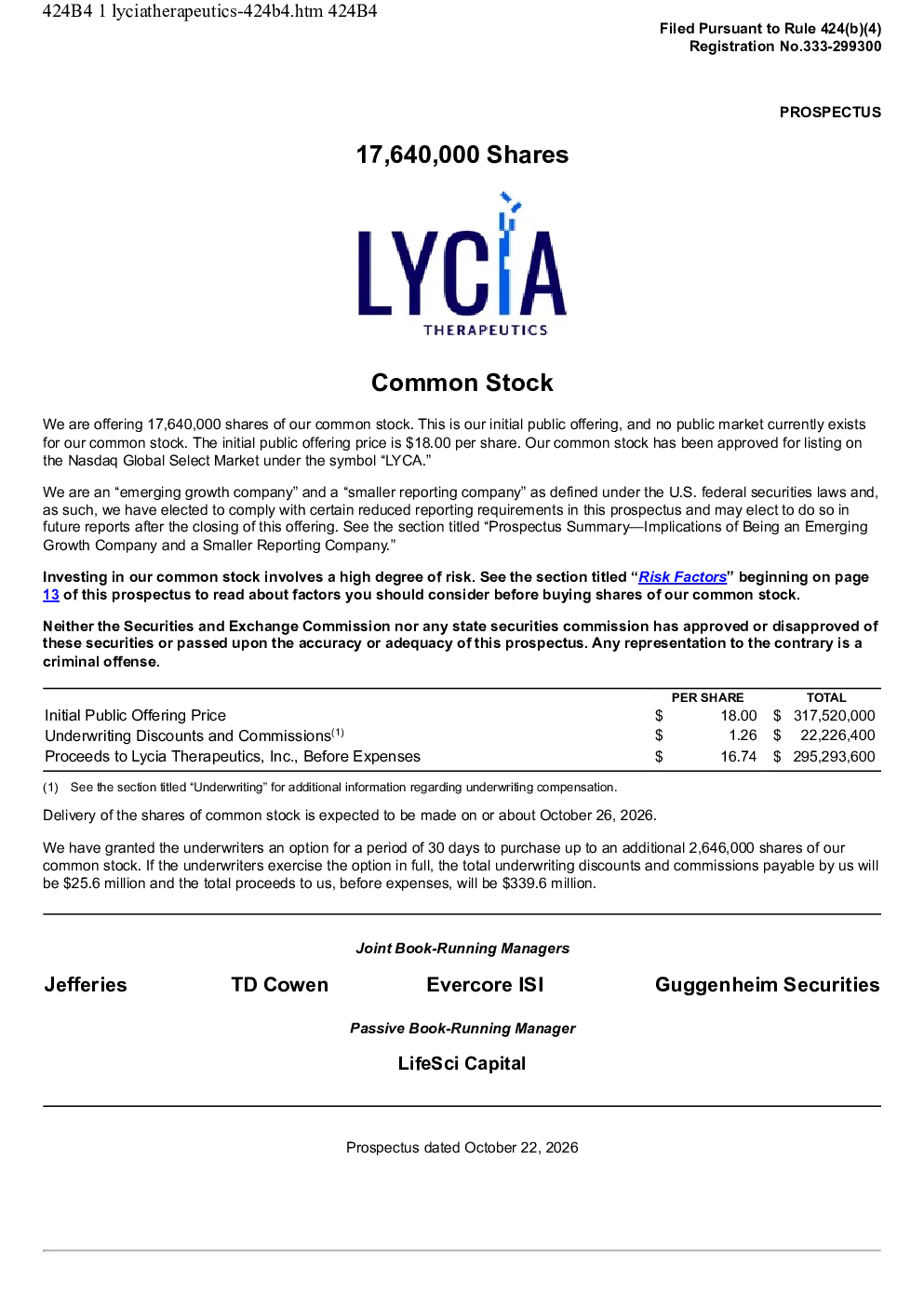 Lycia Therapeutics Inc美股招股说明书(2026-10-23版)