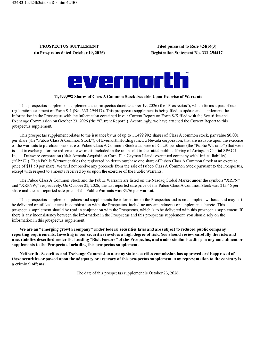 Evernorth Holdings Inc. 美股招股说明书（2026年10月23日版）