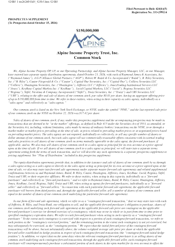 Alpine Income Property Trust Inc美股招股说明书(2026-10-23版)