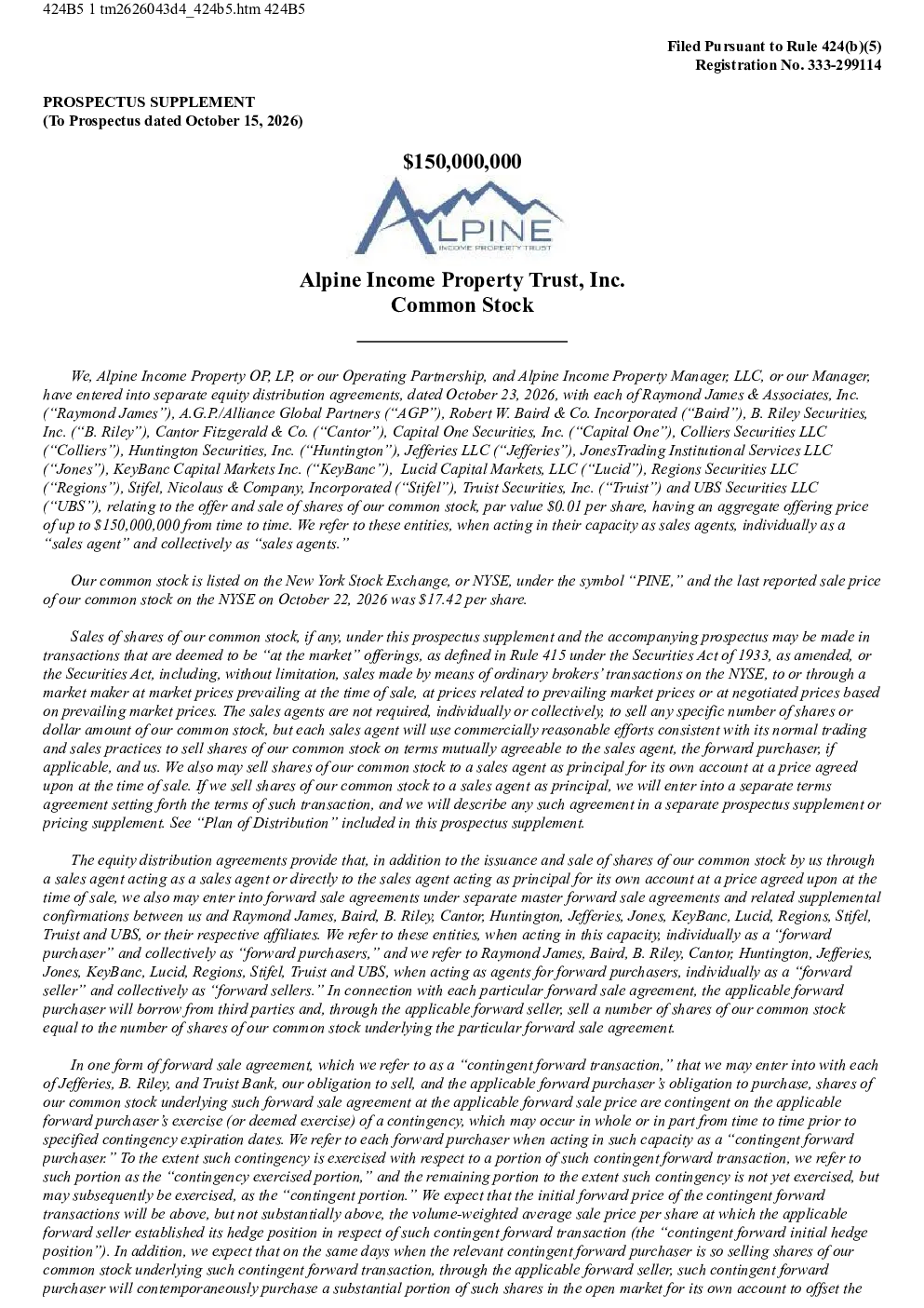 Alpine Income Property Trust Inc美股招股说明书(2026-10-23版)