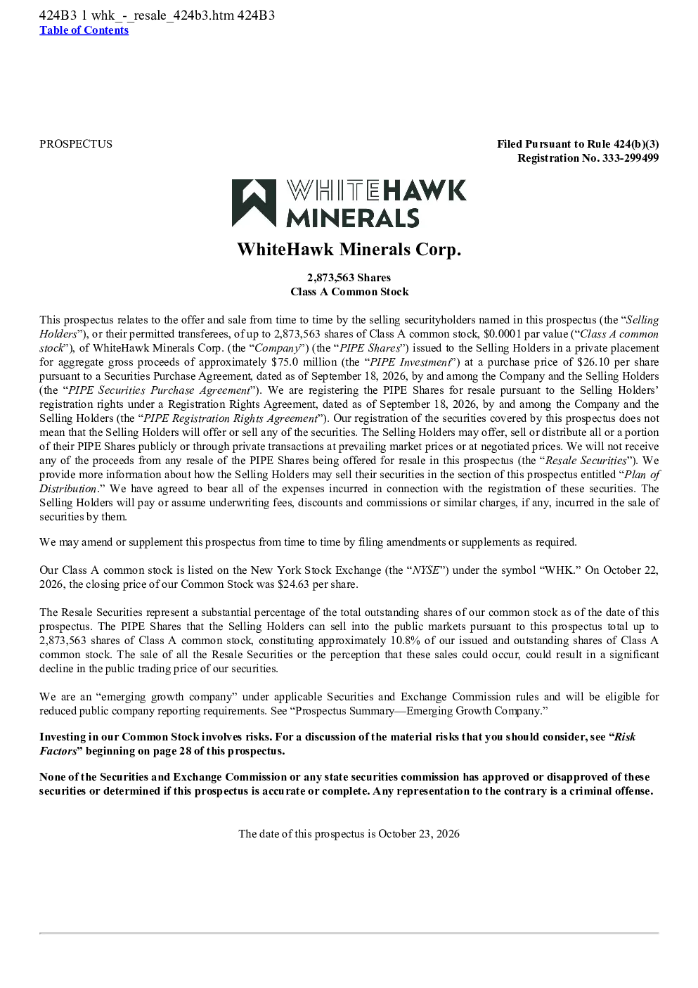 WhiteHawk Minerals Corp-A美股招股说明书(2026-10-23版)