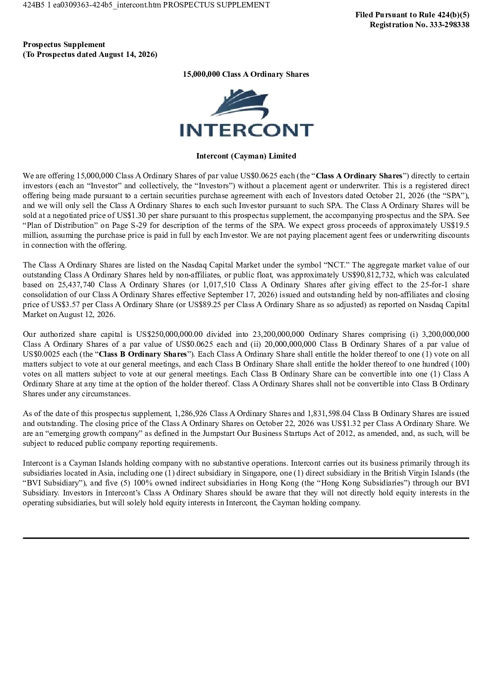 Intercont (Cayman) Ltd-A美股招股说明书(2026-10-23版)