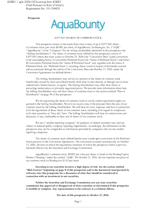 
AquaBounty Technologies Inc. 美股招股说明书（2026年10月23日版）