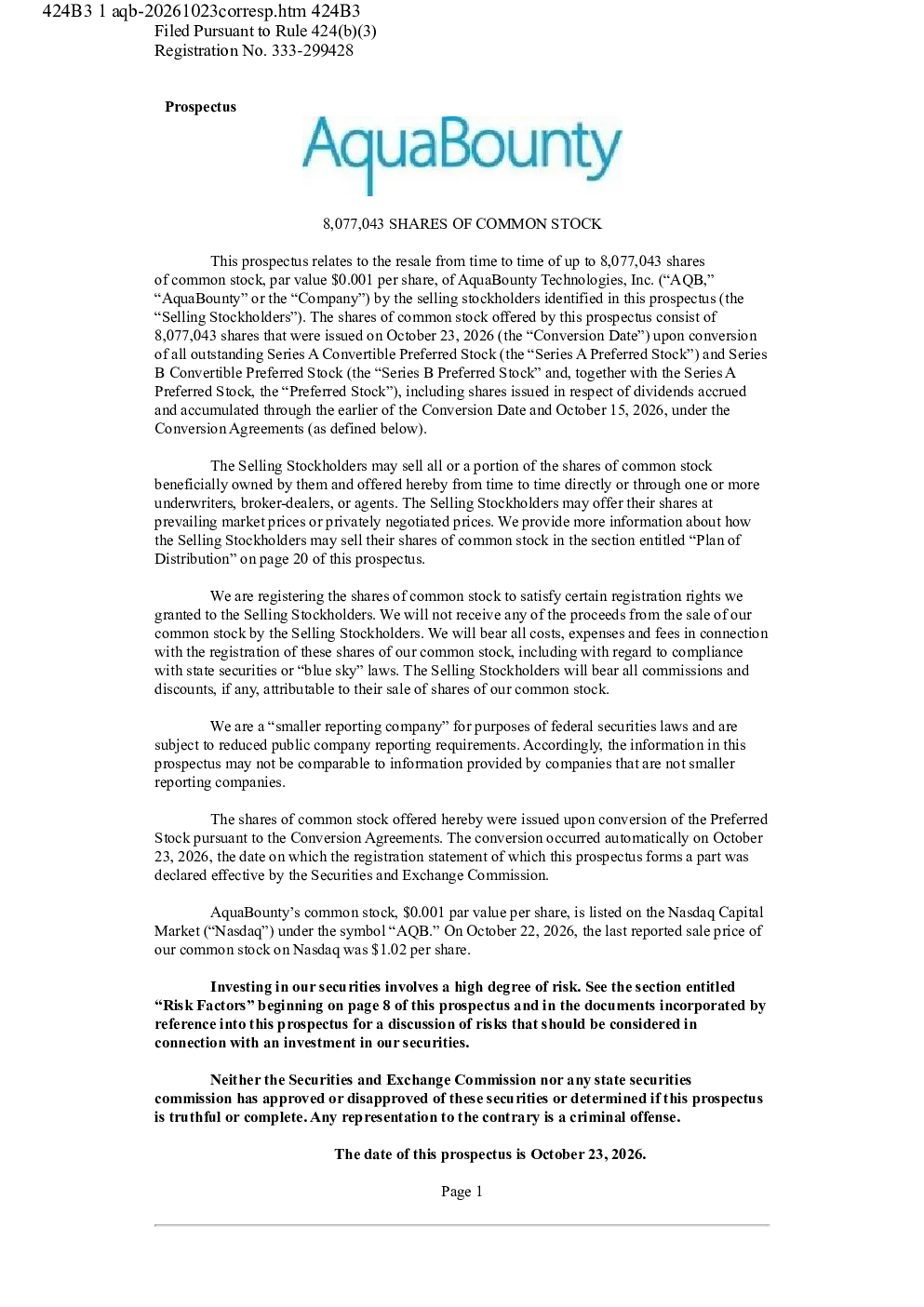 
AquaBounty Technologies Inc. 美股招股说明书（2026年10月23日版）